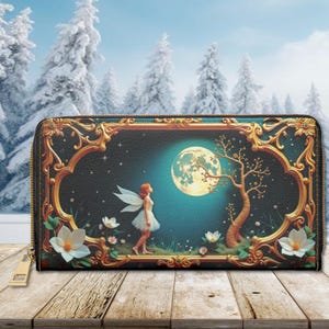 Fairy Moon Wallet Dark Cottagecore Witchy Nature Flower Zipper Wallet Pouch Money Card Holder Vegan Organizer