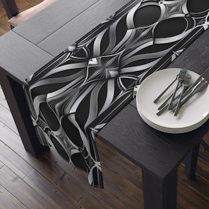 Silver Gray Black Table Runner Art Deco Aesthetic Geometric Gatsby 1920s Style Elegnat Cloth Floral Leaf 90 or 72 Inches