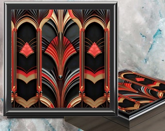 GatsbyJewelry Box Art Deco Oro Rosso Nero Design geometrico stampato Stile Memory Box