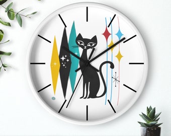 Atomic Cat Wall Clock Black Cat Mid Century Modern Unique Home Decor Living Room Bathroom Bedroom Clock