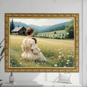 Mother Baby Print Prairie Cabin Laundry Day Motherhood Victorian Flower Garden Laundry Room  Digital Download Painting Print Cottagecore