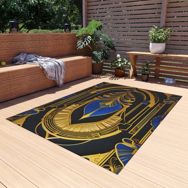 Blue Black Gold Art Deco Outdoor Rug Gatsby Patio Non Slip Carpet Porch Rug Indoor Outdoor Home Decor