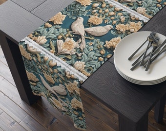Cottagecore Table Runner William Morris Inspired Birds Dove Floral Home Decor Forestcore Art Nouveau Table Cloth