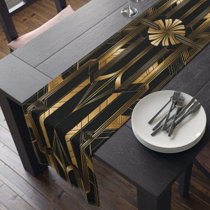 Table Runner Art Deco Black Gold Aesthetic Geometric Catsby 1920s Style Elegnat Cloth Floral Leaf 90 or 72 Inches