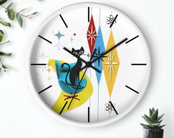 Black Atomic Cat Wall Clock Black Cat Mid Century Modern Unique Home Decor Living Room Bathroom Bedroom Clock