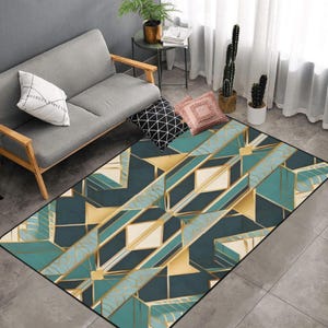 Teal White Gold  Area Rug Art Deco Gatsby Gold Rug  Non Slip Carpet Bedroom Living Room Rug Indoor Carpet Home Decor