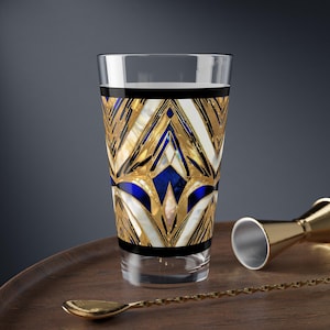 Retro Glass Gatsby Blue Gold Drinking Glass Old Hollywood Style Art Deco Water Glass Retro Modern Gold Mixing Glass 16oz Home Decor