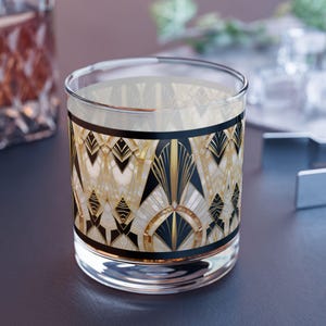 Rocks Glass Old Hollywood Style 10oz Art Deco Gatsby Barware Home Decor Gold Black Retro Modern Drinking Glass