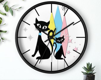 Retro Wall Clock Atomic Cat Unique Home Decor Mid Century Modern 1950s Style Living Room Bathroom Bedroom Clock