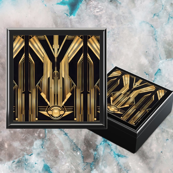 Jewelry Box Art Deco Gold Black Gemetric Design Printed Style Keepsake Memory Box