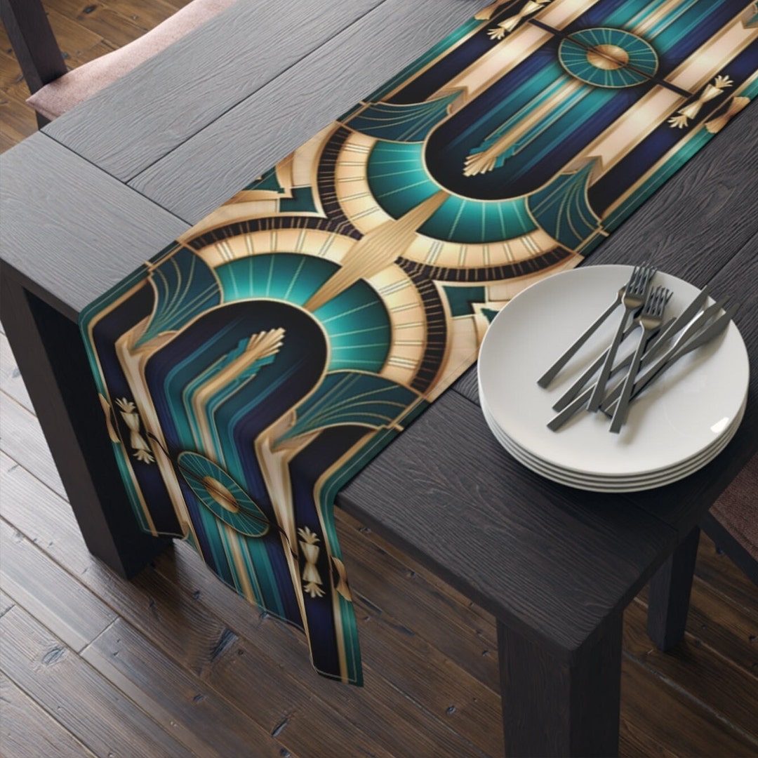 Teal Gold Black Gatsby Table Cloth Runner Art Deco 1920s Style Inspired ...
