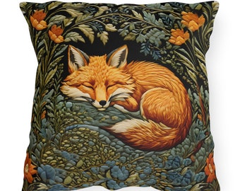 Sleeping Fox Waterproof Pillow William Morris Inspired Cottagecore Forestcore Embroidered Look  Outdoor Pillow Home Decor
