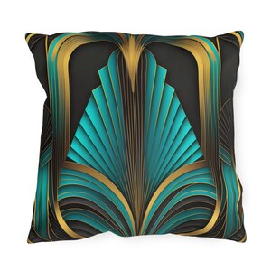 May include: A square throw pillow features a teal and gold Art Deco design. The geometric pattern is composed of layered lines and shapes, creating a sense of depth and luxury. The color palette is sophisticated, with dark teal accents against a black background, complemented by gold metallic highlights. The pillow is ideal for adding a touch of elegance and vintage flair to any living space.