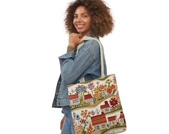 Fall Tote Bag English Cottage Autumn Flowers Floral Canvas Tote Bag Aesthetic Faux Embroidered Cottagecore Purse Bag