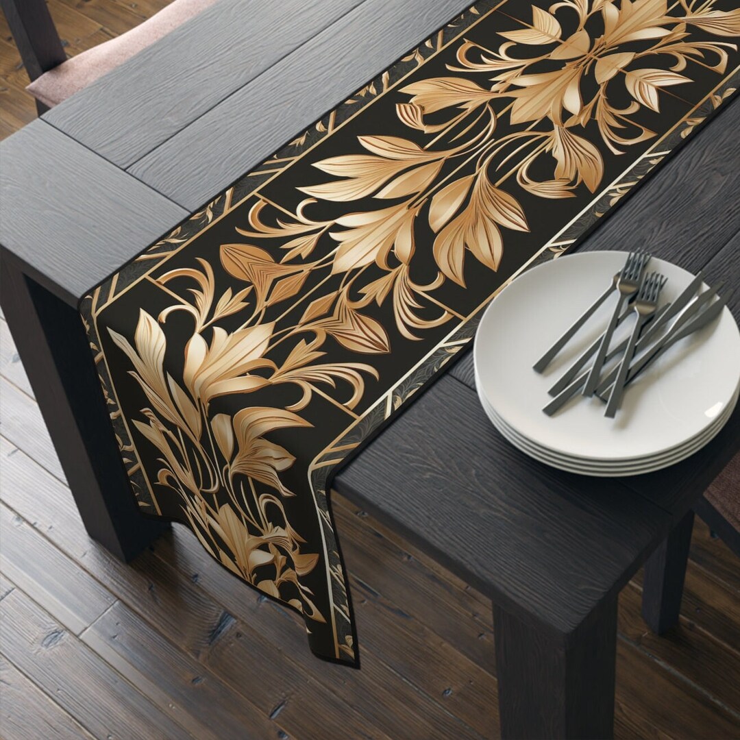 Autumn Gold Leaves Art Deco Table Runner Gold Gatsby Table Cloth Art ...