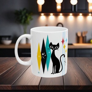 Mid Century Modern Atomic Cat Coffee Cup Mug 11 oz  Retro Home Kitchen Decor Cat Lover Mom Gift Ceramic Drinkware