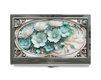 Silver Victorian Style Card Case Unigue Teal Card Holder Floral Business Card Holder Cottagecore Flowers Credit Card Wallet