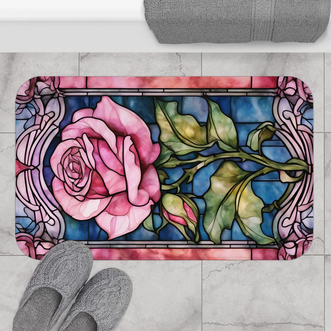 Rose Floral Bath Mat Aesthetic Pink Rose Stained Glass Romantic Floral