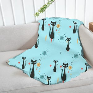 Aqua Sherpa Throw Blanket Mid Century Modern Atomic Black Cat Retro Blue Sofa Couch Home Decor