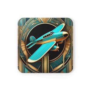Set di sottobicchieri Art Déco Aeroplano Nero Auqa Oro, sottobicchieri ispirati allo stile Art Déco Gatsby, decorazioni dorate geometriche per la casa in stile Old Hollywood