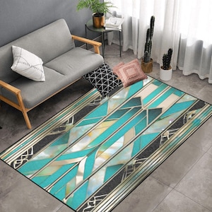 Turquoise Black Gold Area Rug Art Deco Gatsby Gold Rug  Non Slip Carpet Bedroom Living Room Rug Indoor Carpet Home Decor