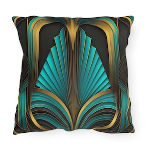 May include: A square throw pillow features a teal and gold Art Deco design. The pattern consists of geometric shapes and lines, creating a visually striking and luxurious look. The pillow is perfect for adding a touch of elegance and sophistication to any room.  The dark background provides a rich contrast to the vibrant teal and gold accents. The intricate details of the design are clearly visible, showcasing the high-quality craftsmanship of the pillow.
