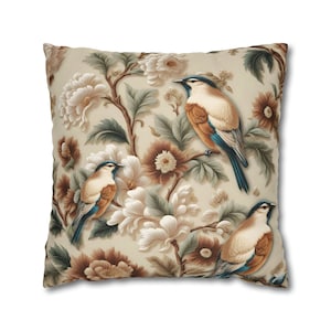 Beige Pillow Case Birds Cover William Inspired Forestcore Cottagecore Embroidered  Look Throw Pillow Home Decor Art Nouveau