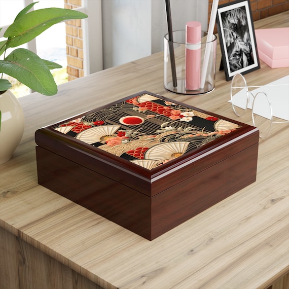Jewelry Box Art Deco Asian Inspired Faux Embroidered Style Red