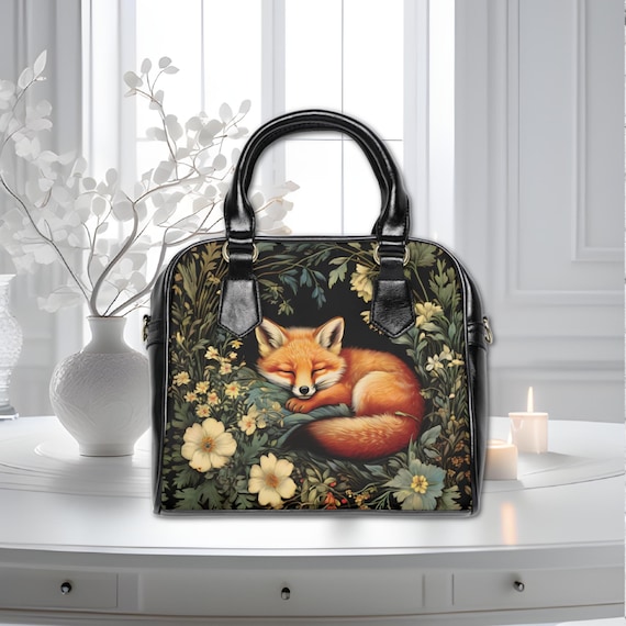 Baby Red Fox Sleeping Purse Shoulder Handbag Art Nouveau William Morris  Style Vegan Art Designer Gray Black Handbag