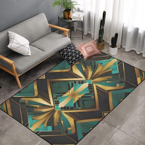 Teal Geometric Rug Gold Black Area Rug Art Deco Gatsby Gold Rug  Non Slip Carpet Bedroom Living Room Rug Indoor Carpet Home Decor