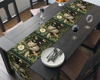 Sleeping Gray Fox Table Runner Cottagecore William Morris Inspired Art Nouveaau Boho Fall Decor Forestcore Home Decor