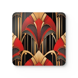 Set di sottobicchieri rossi e neri Art Déco Old Hollywood Gold Gatsby Girl, sottobicchieri ispirati agli anni &#39;20, decorazioni dorate e geometriche per la casa