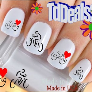 SPORTS Nail Decals &quot;Cycling I Love Heart Bicycle&quot; Nail Art Set#304 Waterslide Nail Decals Transfers Stickers Nail Accessories Salon