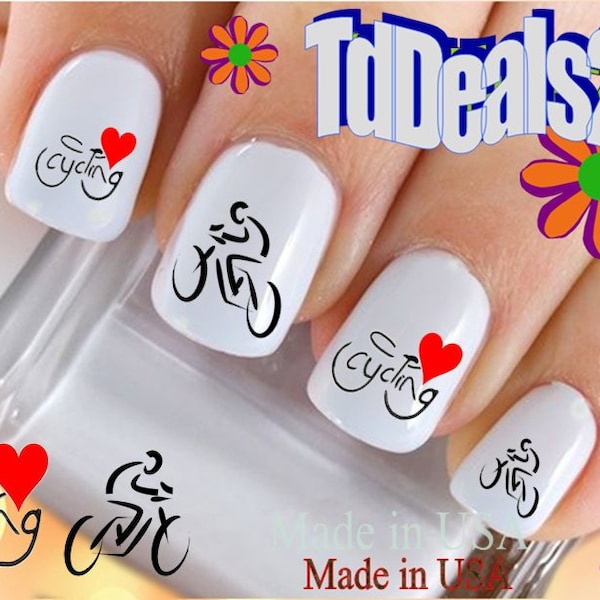 SPORTS Nail Decals "Cycling I Love Heart Bicycle" Nail Art Set#304 Waterslide Nail Decals Transfers Stickers Nail Accessories Salon