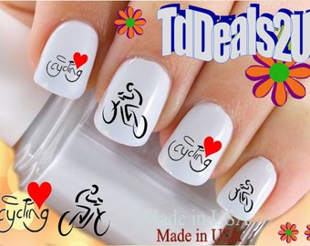 SPORTS Nail Decals "Cycling I Love Heart Bicycle" Nail Art Set#304 Waterslide Nail Decals Transfers Stickers Nail Accessories Salon