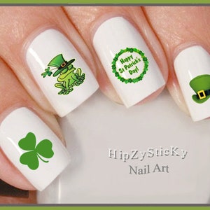 HOLIDAY Nail Decals "St Patricks Leprechaun Frog Clover Leprechaun Hat" Nail Art #7503 Waterslide Nail Transfer Sticker DIY Nail Accessories