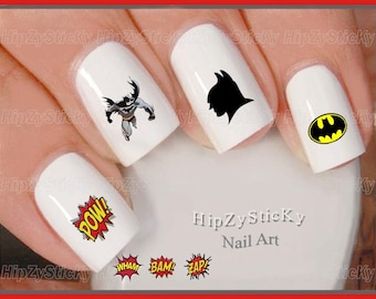 Calcomanías para uñas "POW" con diseño de hombre murciélago y máscara negra, set de arte de uñas con tobogán al agua, calcomanías para uñas, pegatinas, accesorios para manicura y salón de belleza.