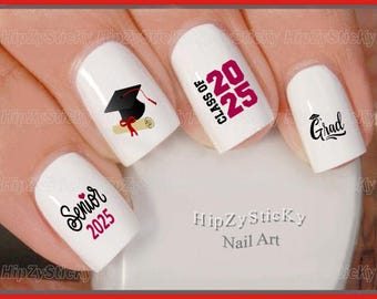 Graduation Nail Decals: Class of 2025, Burgundy Senior Grad Cap Waterslide Nail Transfers