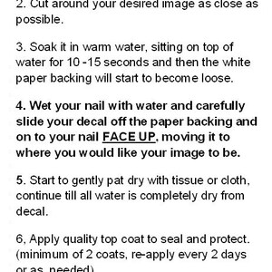 May include: Instructions for applying nail decals are displayed on a white background. The text includes steps for preparing nails, applying decals, and sealing with a top coat. A cat wearing sunglasses is at the bottom.
