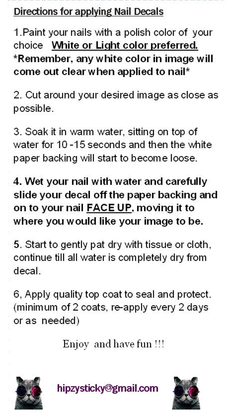 May include: Instructions for applying nail decals are displayed on a white background. The text includes steps for preparing nails, applying decals, and sealing with a top coat. A cat wearing sunglasses is at the bottom.
