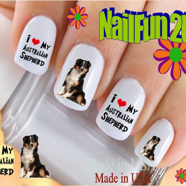 DOG BREED Nail Decals "Love my Australian Shepherd Dog" Nail Art Set#106 Waterslide Nail Decals Transfers Sticker Manicure  Nail Accessories