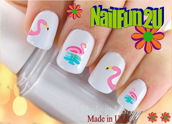 ANIMALS Nail Decals "Pink flamingos #3 Pink Bird in Water" Nail Art Set#2012 Waterslide Decals Transfers Sticker Manicure Nail Accessories