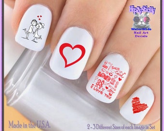 HOLIDAY Nail Decals "Valentines Boy Girl Love Doodle Red Hearts" Nail Art Set#7605 Waterslide Nail Transfers Stickers Nail Access