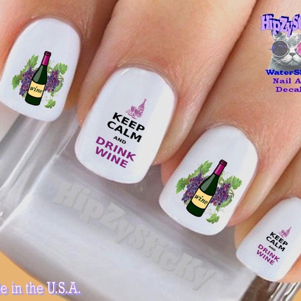 QUOTE Nail Decals "Keep Calm Drink Wine Grapes Bottle" Nail Art Set#412 Waterslide Nail Decals Transfers Stickers Manicure Nail Accessories