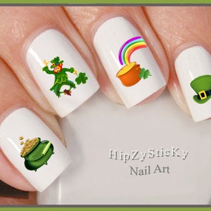 HOLIDAY Nail Decals St Patricks Leprechaun Pot of Gold Clover Hat Nail Art 7509 Waterslide Nail Transfers Stickers DIY Nail Accessories image 1