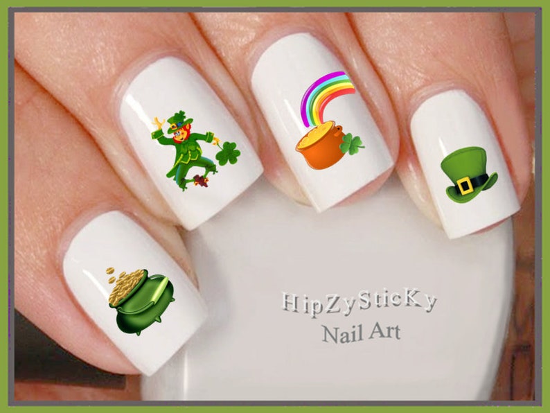 HOLIDAY Nail Decals St Patricks Leprechaun Pot of Gold Clover Hat Nail Art 7509 Waterslide Nail Transfers Stickers DIY Nail Accessories image 1