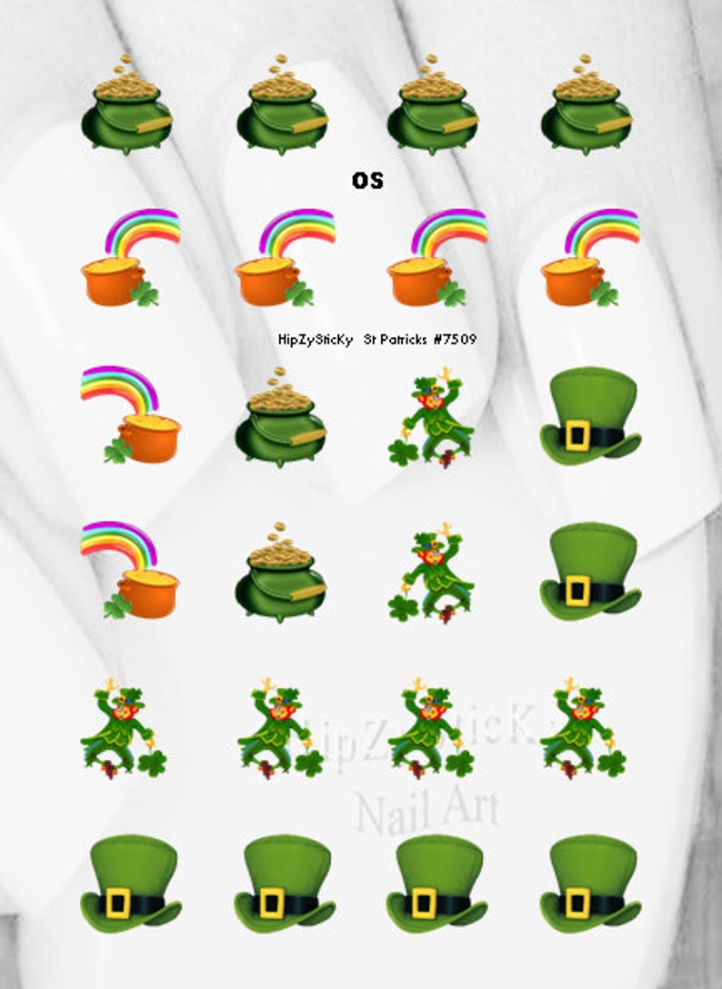 HOLIDAY Nail Decals St Patricks Leprechaun Pot of Gold Clover Hat Nail Art 7509 Waterslide Nail Transfers Stickers DIY Nail Accessories One-Size Set