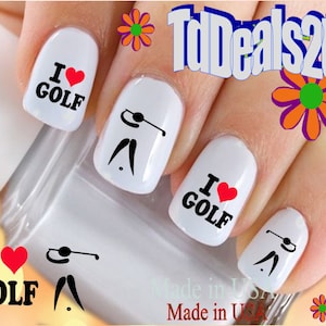 SPORTS Nail Decals &quot;I love Golf #1&quot; Nail Art Set#307 Waterslide Nail Decals Transfers Stickers Manicure Nail Accessories Salon Nails