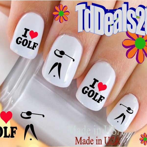 SPORTS Nail Decals "I love Golf #1" Nail Art Set#307 Waterslide Nail Decals Transfers Stickers Manicure Nail Accessories Salon Nails