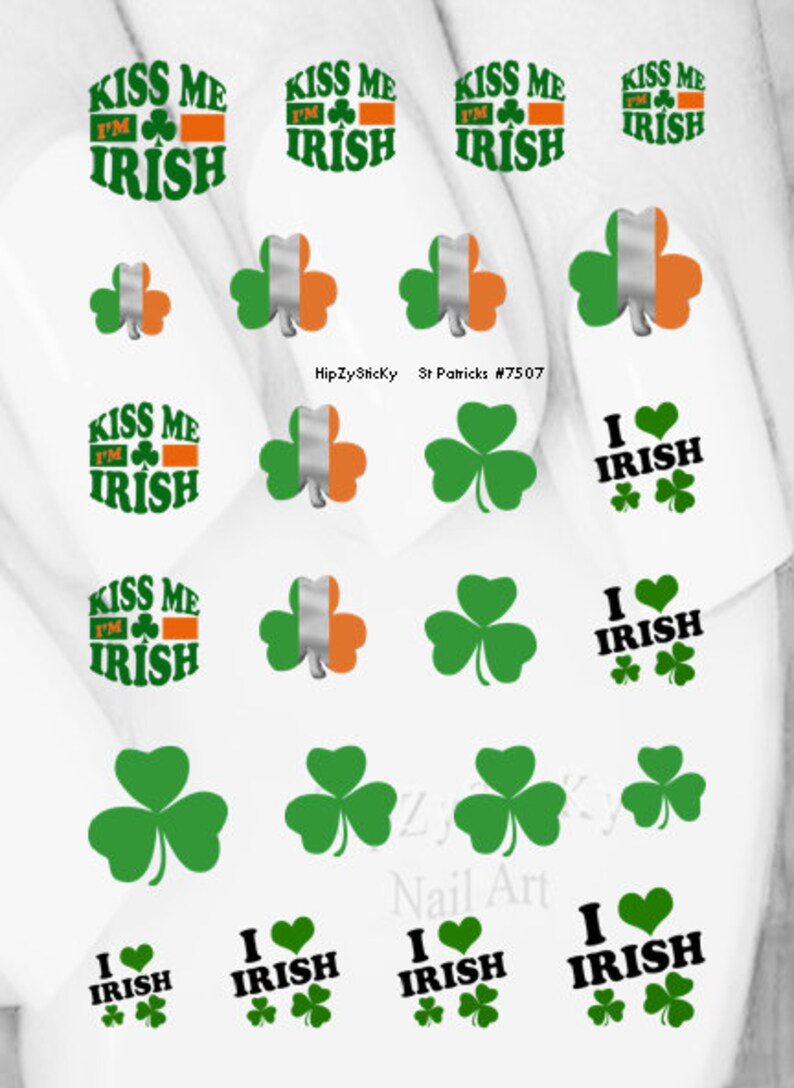 HOLIDAY Nail Decals St Patricks Kiss Me Im Irish Leprechaun Clover Nail Art 7507 Waterslide Nail Transfers Stickers DIY Nail Accessories Adult Size Set